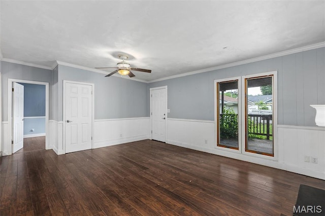 912 N Illinois Ave, Litchfield, IL 62056 - empty room featuring wood-type flooring, a ceiling fan, a wainscoted wall, and ornamental molding
