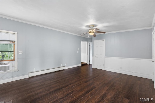 912 N Illinois Ave, Litchfield, IL 62056 - empty room with a baseboard heating unit, wood finished floors, ceiling fan, and ornamental molding