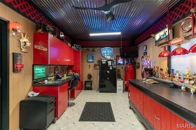623 Boyne St, De Soto, MO 63020 - kitchen with freestanding refrigerator, light flooring, dark countertops, and wooden walls