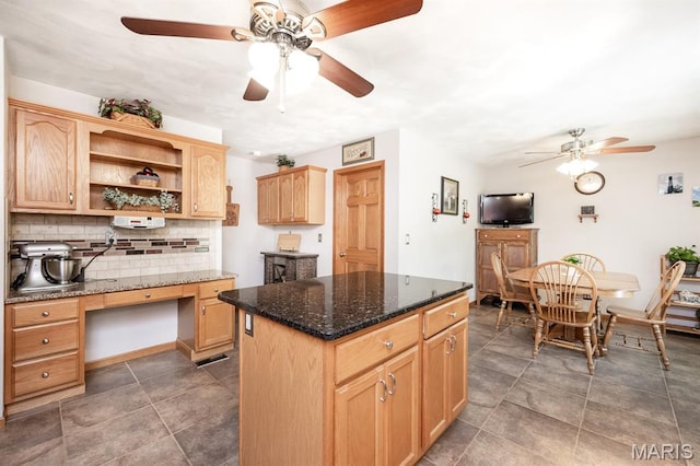 595 Chancellor Dr, Edwardsville, IL 62025 - kitchen featuring ceiling fan, open shelves, backsplash, a center island, and light brown cabinets