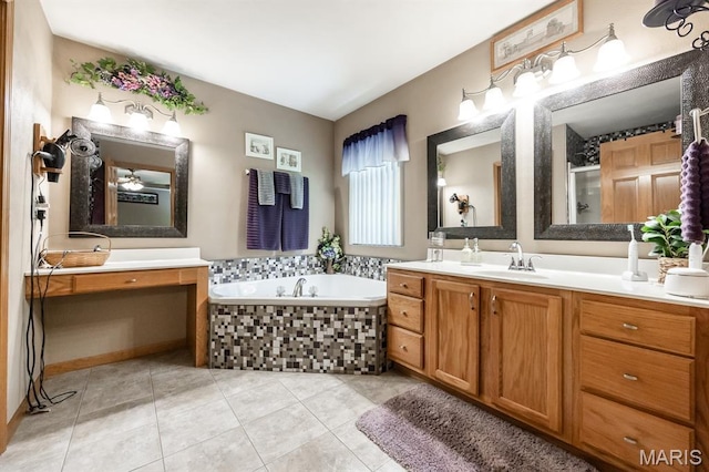 595 Chancellor Dr, Edwardsville, IL 62025 - bathroom featuring vanity, a garden tub, tile patterned flooring, and an enclosed shower