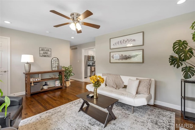 4004 W Dr, Saint Peters, MO 63376 - living room with recessed lighting, ceiling fan, and wood finished floors
