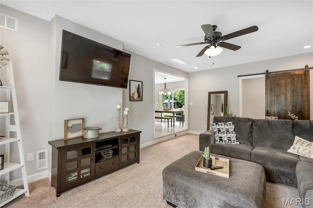 4004 W Dr, Saint Peters, MO 63376 - living room featuring light colored carpet, a ceiling fan, a barn door, a chandelier, and recessed lighting