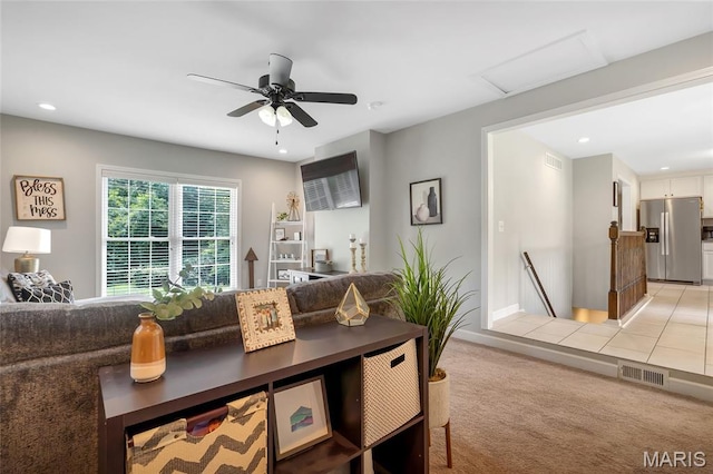 4004 W Dr, Saint Peters, MO 63376 - living area with attic access, recessed lighting, light carpet, and a ceiling fan