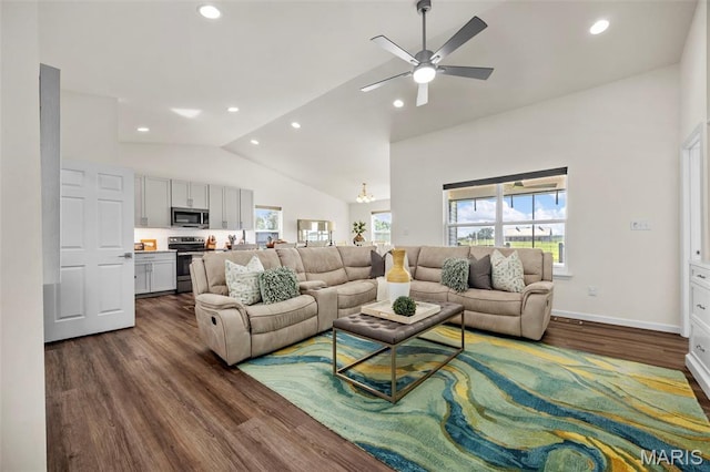 155 Pampano Ln, Saint Charles, MO 63301 - living area featuring dark wood-style flooring, plenty of natural light, ceiling fan, recessed lighting, and a chandelier