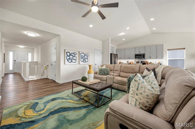 155 Pampano Ln, Saint Charles, MO 63301 - living room with wood finished floors, ceiling fan, vaulted ceiling, and recessed lighting