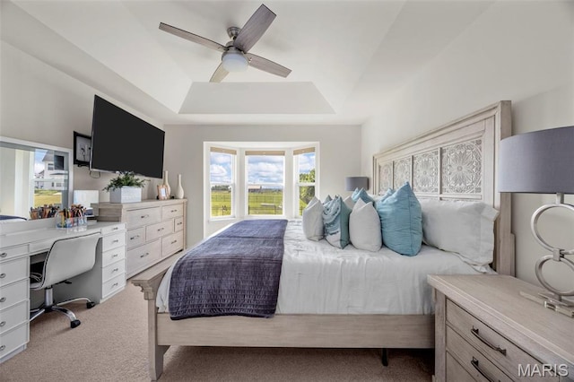 155 Pampano Ln, Saint Charles, MO 63301 - carpeted bedroom featuring a tray ceiling, an office area, and a ceiling fan