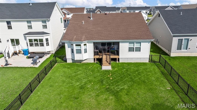 155 Pampano Ln, Saint Charles, MO 63301 - rear view of property featuring a patio, a fenced backyard, a wooden deck, and a shingled roof