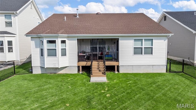 155 Pampano Ln, Saint Charles, MO 63301 - back of property with a fenced backyard, a wooden deck, and roof with shingles