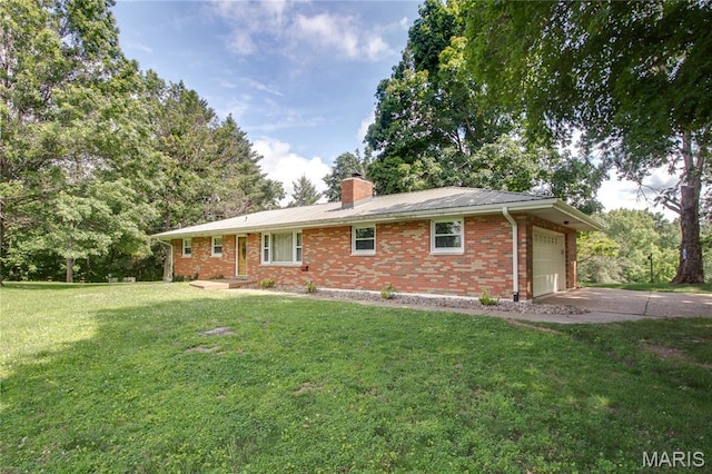 6155 Raymond Rd, Bunker Hill, IL 62014 - ranch-style house featuring a garage, brick siding, driveway, a front lawn, and a chimney