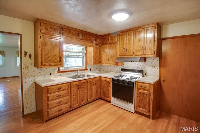 6155 Raymond Rd, Bunker Hill, IL 62014 - kitchen with white range with gas cooktop, light wood-type flooring, and backsplash