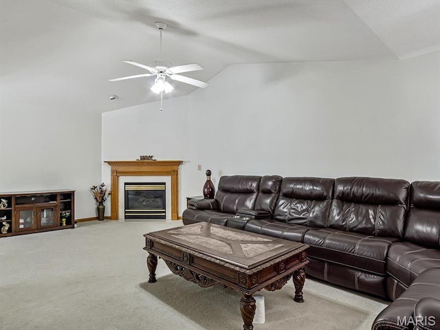 344 Westline Ct, Shiloh, IL 62221 - living area with lofted ceiling, carpet floors, a ceiling fan, and a glass covered fireplace