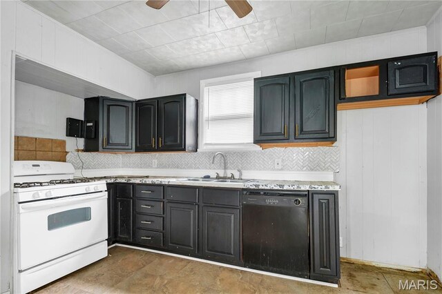 5746 Acme, Jennings, MO 63136 - kitchen with gas range gas stove, black dishwasher, tasteful backsplash, and a ceiling fan