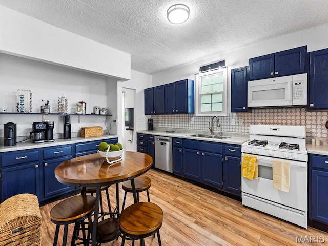 414 Plum St, Edwardsville, IL 62025 - kitchen with white appliances, blue cabinetry, a textured ceiling, and decorative backsplash