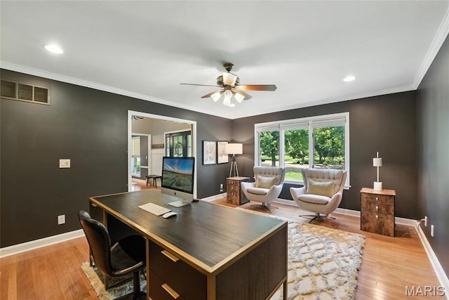 3 Morganfield Ct, Chesterfield, MO 63005 - home office featuring ceiling fan, ornamental molding, light wood-style flooring, and recessed lighting