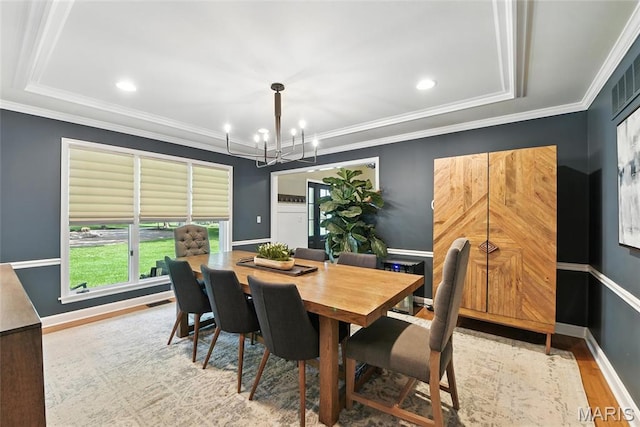 3 Morganfield Ct, Chesterfield, MO 63005 - dining area with a chandelier, wood finished floors, recessed lighting, and ornamental molding
