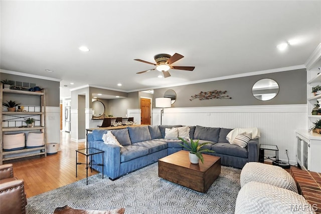 3 Morganfield Ct, Chesterfield, MO 63005 - living room featuring ceiling fan, wainscoting, hardwood / wood-style floors, ornamental molding, and recessed lighting