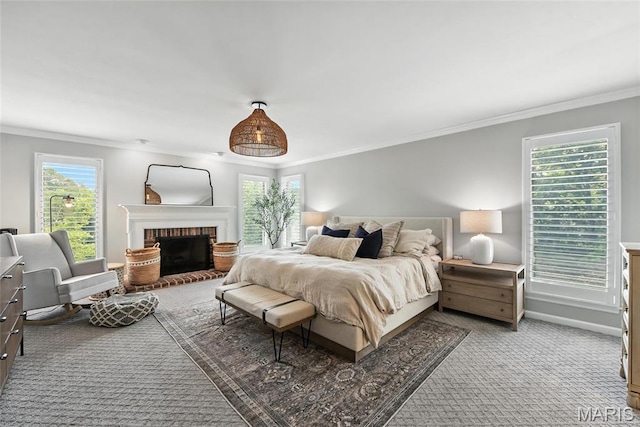 3 Morganfield Ct, Chesterfield, MO 63005 - bedroom featuring ornamental molding, a brick fireplace, and carpet