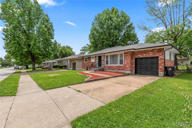 1140 Lindsay Ln, Florissant, MO 63031 - ranch-style house featuring a garage, brick siding, a front lawn, and driveway