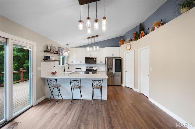 6232 Clover Lake Dr, Cedar Hill, MO 63016 - kitchen featuring stainless steel appliances, light countertops, a peninsula, dark wood-style floors, and lofted ceiling