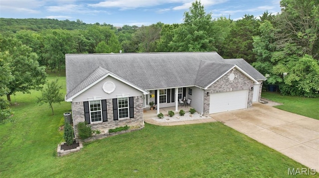 6232 Clover Lake Dr, Cedar Hill, MO 63016 - ranch-style house with driveway, a front lawn, an attached garage, and a shingled roof