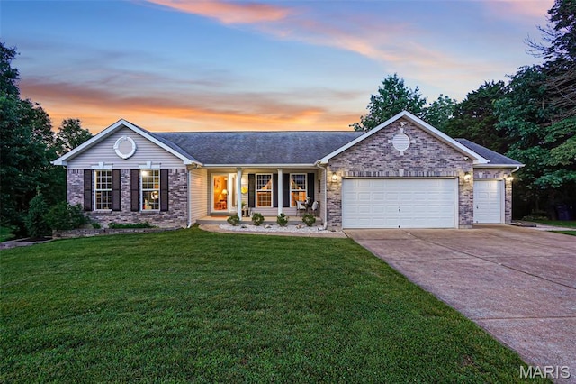 6232 Clover Lake Dr, Cedar Hill, MO 63016 - ranch-style house featuring a garage, driveway, a lawn, brick siding, and a shingled roof