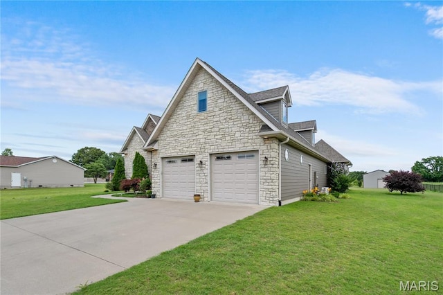 108 Jennings Ln, Sikeston, MO 63801 - view of side of property with stone siding, concrete driveway, a lawn, and an attached garage