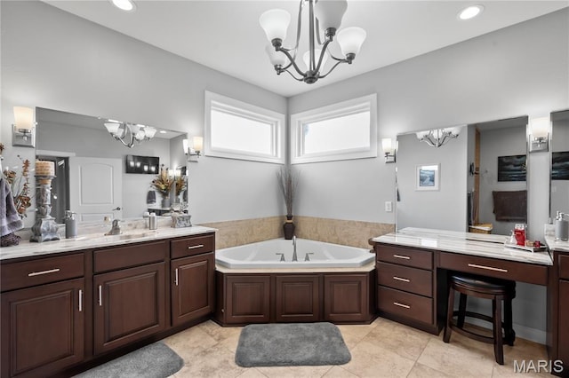 108 Jennings Ln, Sikeston, MO 63801 - bathroom with a chandelier, vanity, a bath, recessed lighting, and tile patterned floors