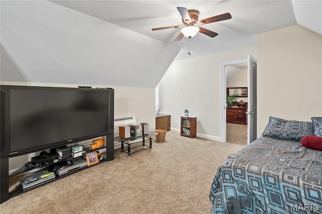 108 Jennings Ln, Sikeston, MO 63801 - carpeted bedroom featuring lofted ceiling, ceiling fan, and a baseboard heating unit