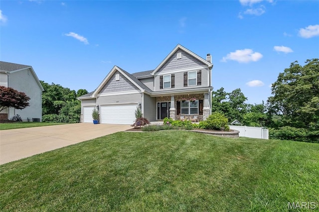 5107 Ruddy Ridge Ct, High Ridge, MO 63049 - craftsman house featuring concrete driveway, covered porch, a chimney, a garage, and stone siding