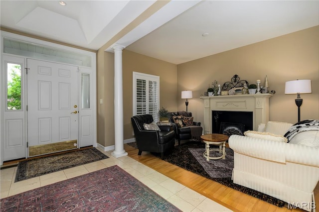 1001 Laurel Bend Ct S, Kirkwood, MO 63122 - tiled foyer with ornate columns and a fireplace