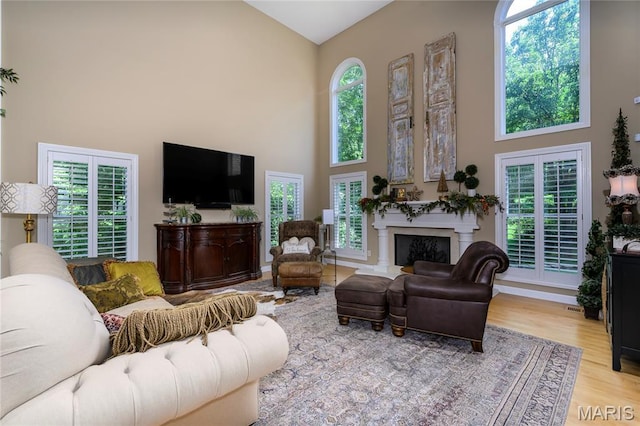 1001 Laurel Bend Ct S, Kirkwood, MO 63122 - living area featuring high vaulted ceiling, a fireplace, and wood finished floors