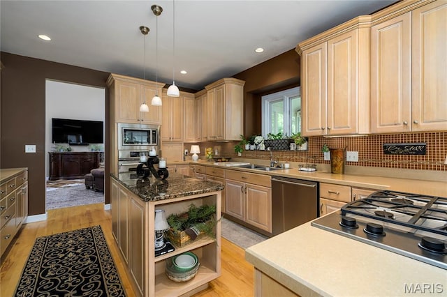 1001 Laurel Bend Ct S, Kirkwood, MO 63122 - kitchen featuring appliances with stainless steel finishes, light brown cabinetry, open shelves, light wood-style floors, and recessed lighting
