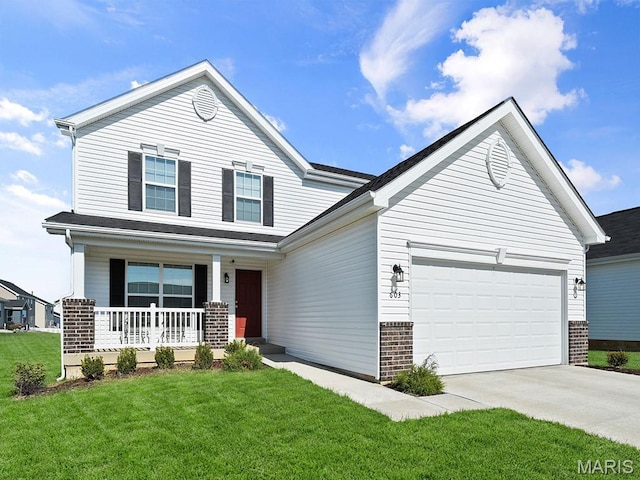 510 Founders Way, Foristell, MO 63348 - view of front of home with brick siding, covered porch, driveway, a front lawn, and an attached garage