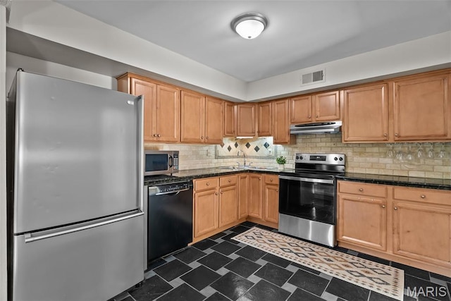 404 Applestone Dr, Ballwin, MO 63021 - kitchen featuring stainless steel appliances, under cabinet range hood, and backsplash