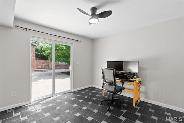 404 Applestone Dr, Ballwin, MO 63021 - office area featuring baseboards and a ceiling fan