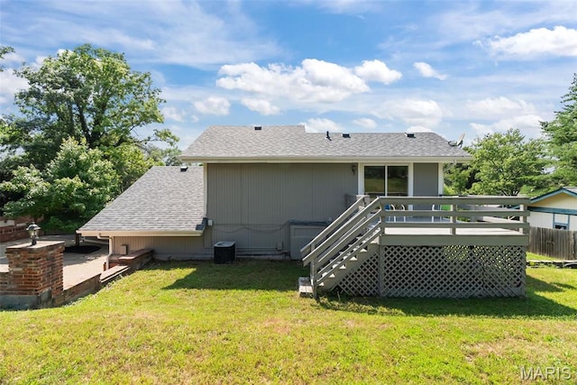 404 Applestone Dr, Ballwin, MO 63021 - rear view of house featuring a deck, a shingled roof, and stairs