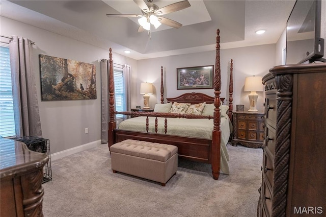12200 Country Oaks Dr, Rolla, MO 65401 - bedroom with light carpet, a raised ceiling, a ceiling fan, and recessed lighting
