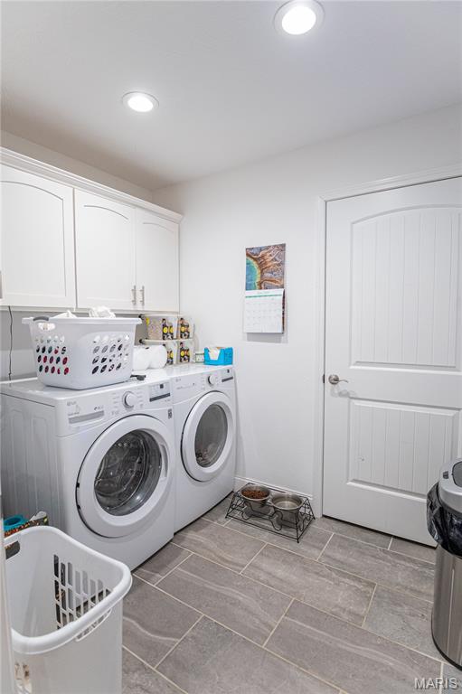 12200 Country Oaks Dr, Rolla, MO 65401 - laundry room with cabinet space, washing machine and clothes dryer, and recessed lighting