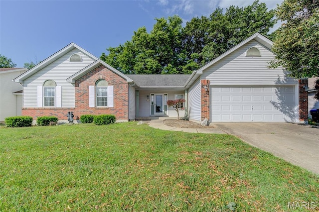 1733 Forest Trace Dr, Ofallon, MO 63368 - ranch-style house featuring brick siding, a garage, driveway, and a front lawn
