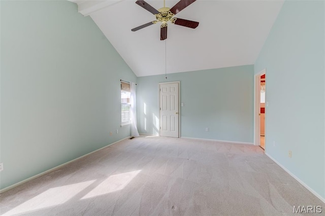 1733 Forest Trace Dr, Ofallon, MO 63368 - empty room featuring high vaulted ceiling, ceiling fan, beam ceiling, and light carpet