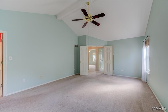 1733 Forest Trace Dr, Ofallon, MO 63368 - unfurnished bedroom with carpet, beamed ceiling, a ceiling fan, and high vaulted ceiling