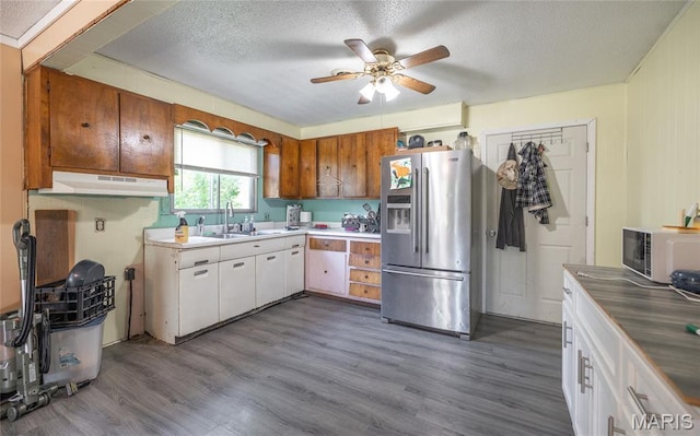 21535 State Route K, Beulah, MO 65436 - kitchen with stainless steel fridge, ceiling fan, under cabinet range hood, a textured ceiling, and dark wood-type flooring