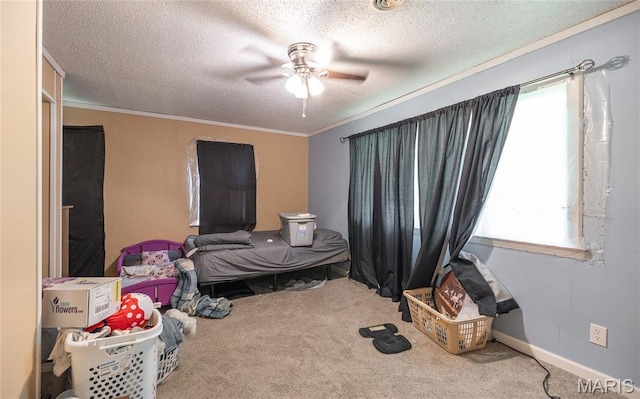 21535 State Route K, Beulah, MO 65436 - bedroom with carpet floors, a textured ceiling, ornamental molding, and ceiling fan