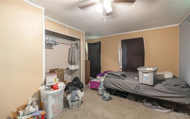 21535 State Route K, Beulah, MO 65436 - carpeted bedroom featuring a textured ceiling, ornamental molding, and a ceiling fan