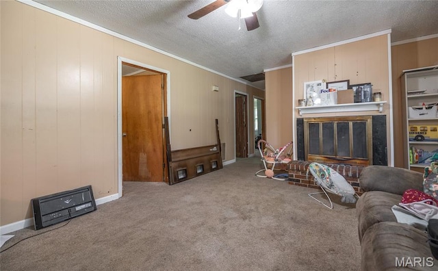 21535 State Route K, Beulah, MO 65436 - carpeted living area featuring crown molding, a ceiling fan, a brick fireplace, and a textured ceiling
