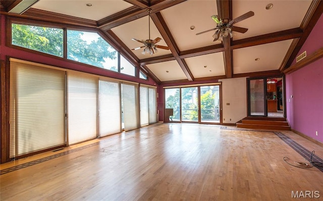 3401 Riverview Ct, Godfrey, IL 62035 - unfurnished living room featuring a ceiling fan, plenty of natural light, beam ceiling, high vaulted ceiling, and wood finished floors