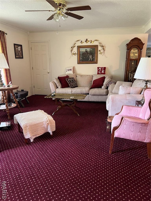 6969 US Highway 61, Jackson, MO 63755 - living room featuring carpet flooring, crown molding, a ceiling fan, and a textured ceiling