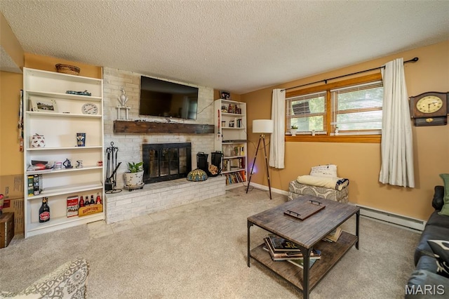 1003 Marilyn Ct, Washington, MO 63090 - living area with baseboard heating, carpet floors, a textured ceiling, and a fireplace