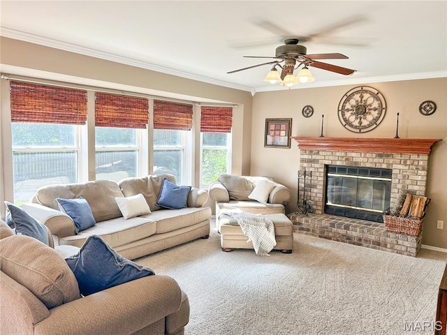 4 Green Circle Ct, Saint Peters, MO 63376 - living area with ornamental molding, a ceiling fan, and a fireplace